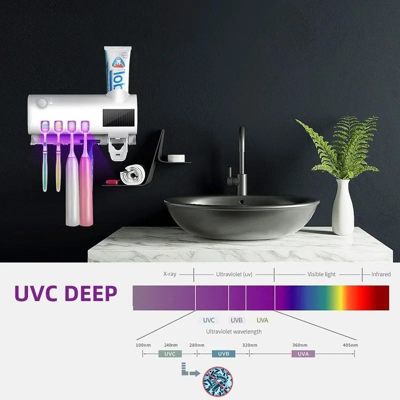 UV Light Sterilizer Toothbrush Holder Cleaner & Automatic Toothpaste Dispenser